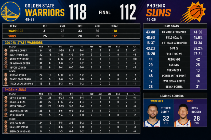 golden state warriors vs phoenix suns match player stats