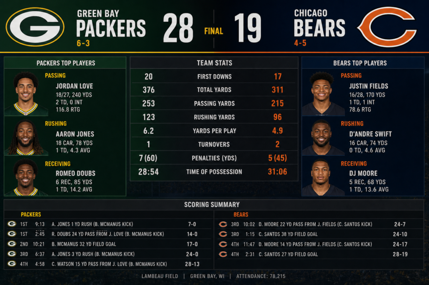 green bay packers vs chicago bears match player stats